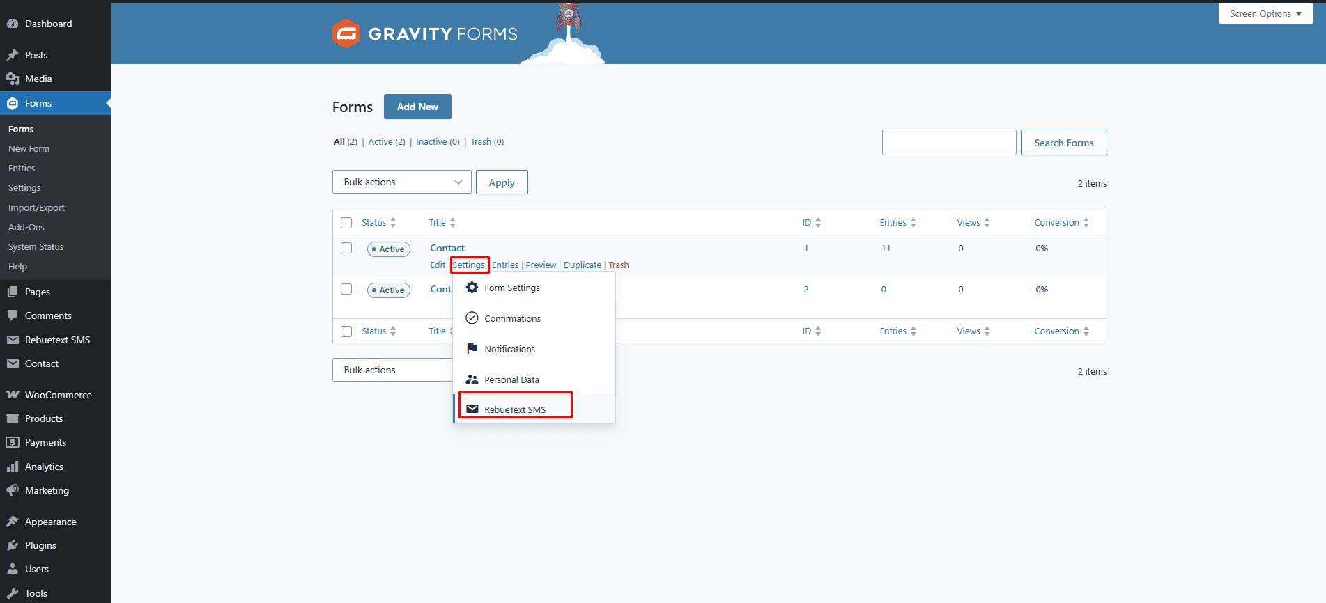 Gravity Forms Settings